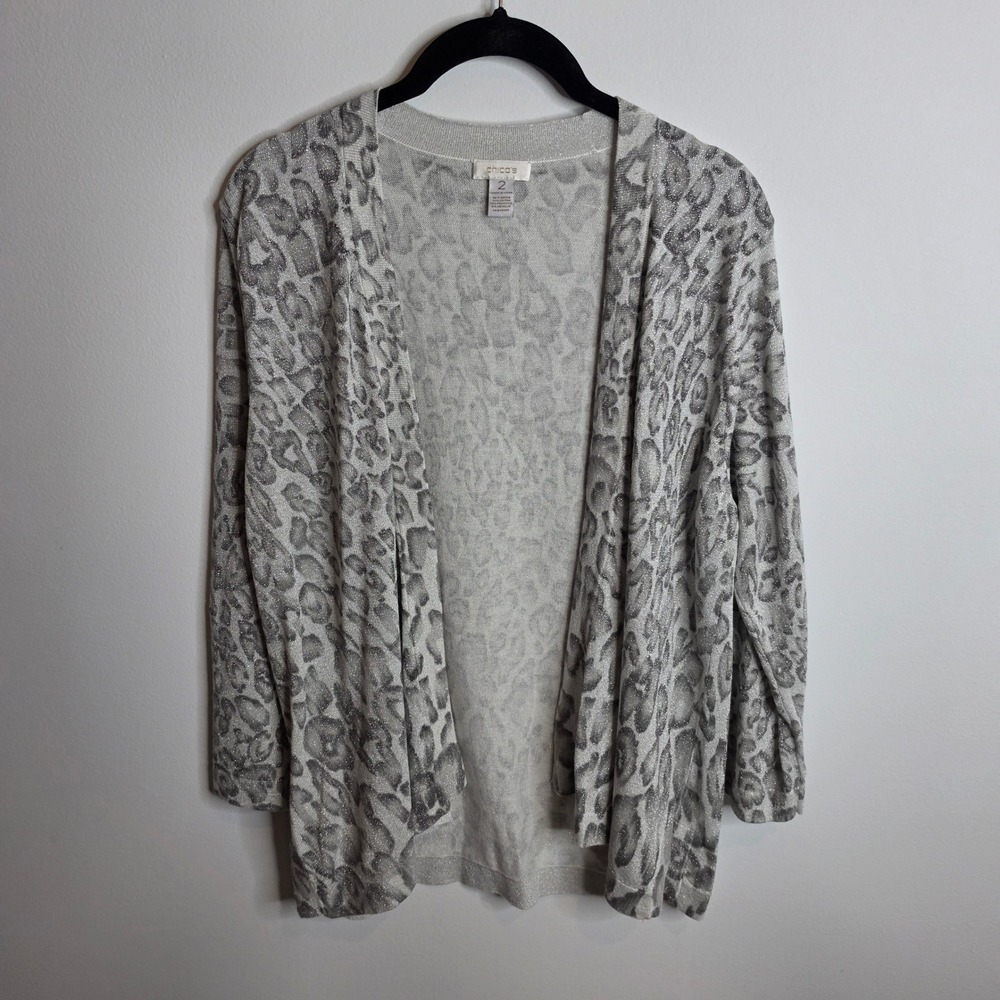 Chico's Animal Print Cardigan Womens 2 Silver Gray Metallic Open Front Knit
